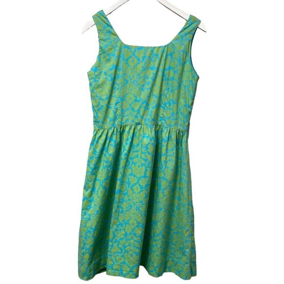 GARNET HILL Cotton Dress Size 8 Green Blue Boho Preppy Print Sleeveless Sash Tie - Picture 10 of 13